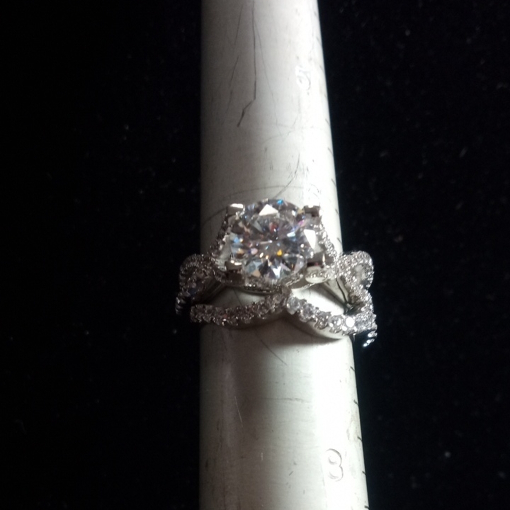 Elegant Sterling Silver & Moissanite Engagement Set Of Rings Size 7